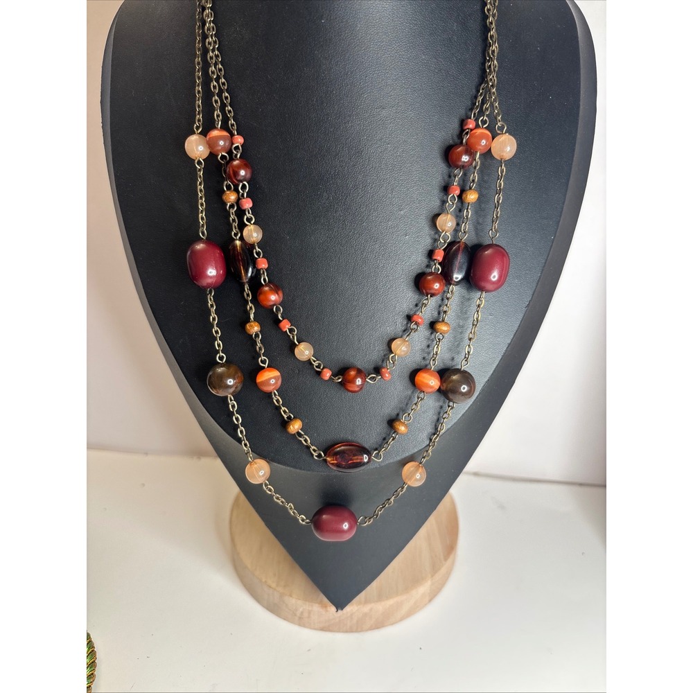 1990s Necklace Bronze Tone Boho Multi Strand Layered Bead Earth Tones 20 Inch